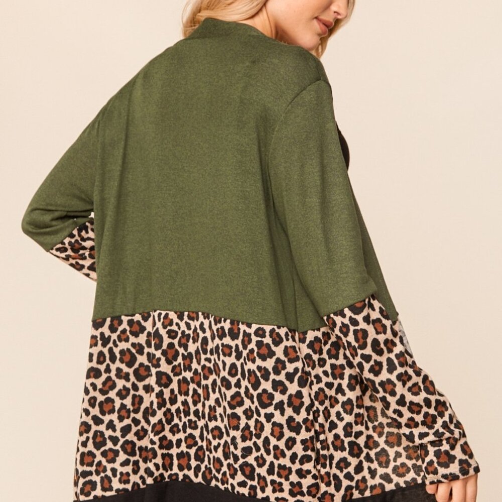 HAPTICS BOHO LEOPARD ANIMAL COLOR BLOCK MEDIUM LONG SLEEVE POCKETS CARDIGAN - Picture 6 of 12